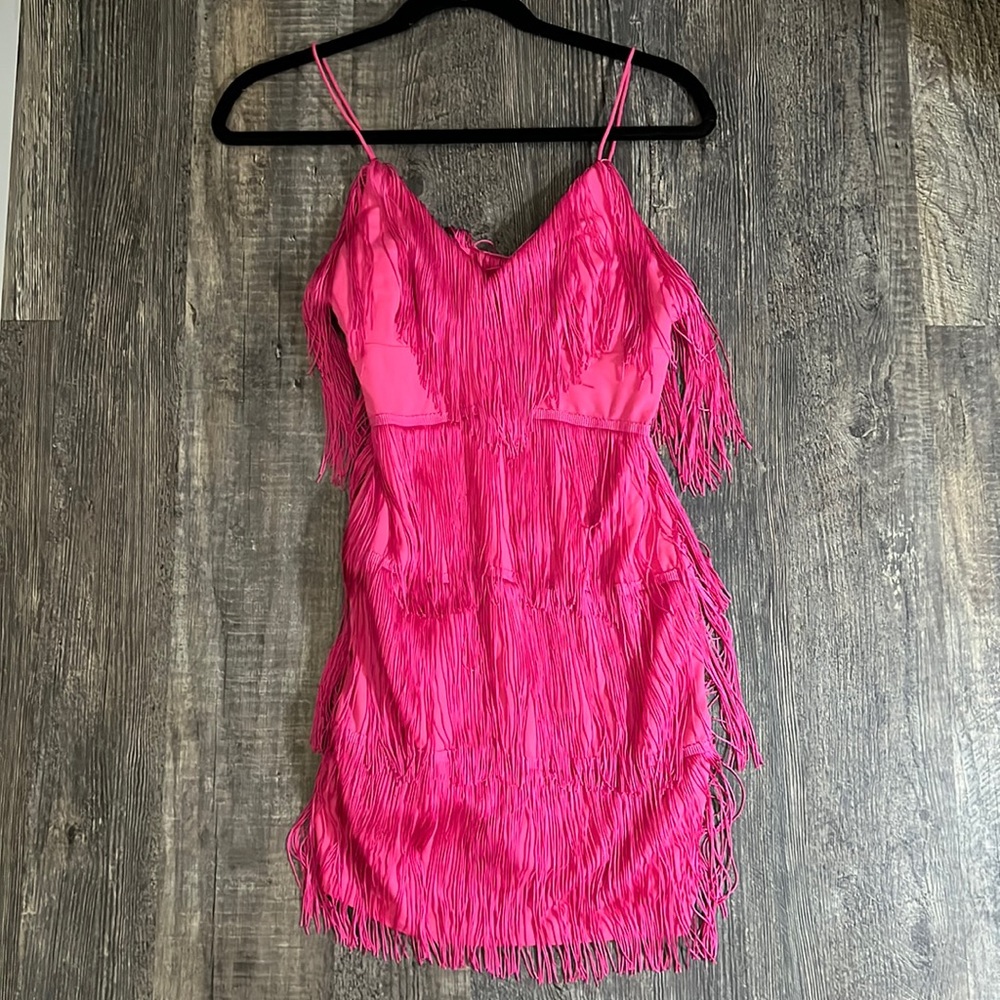 Fun hot pink fringe body con dress